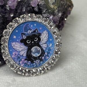 Feline Familiar Crystal-Trim Black Cat Fairy Magnet- Artisan Designed